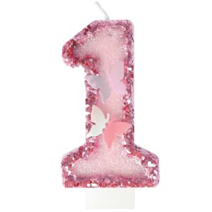 jonesli 1th birthday candles，glitter butterfly cake toppers pink sequins wedding numeral cupcake decorations，suitable for girl and boy wedding cakes, party celebrations, birthday decorations