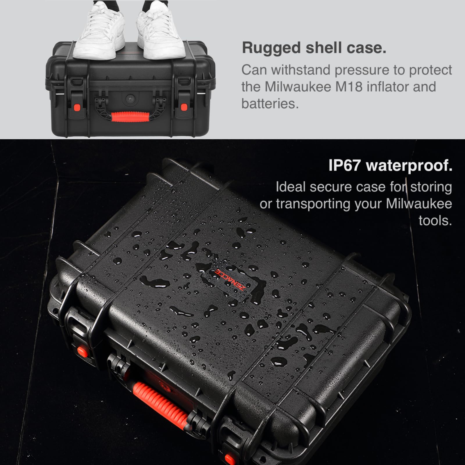 ZENACCE Waterproof Hard Case Compatible with Milwaukee M18 Inflator 2848-20, Air Compressor Carrying Case for Milwaukee Tools, Can Hold 18V 3.0 to 9.0 Ah Battery Packs and Charging Station