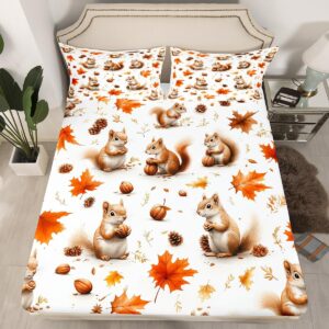 Feelyou Boys Girls Fall Autumn Sheet Set Full Size, Cute Squirrel Bed Sheets Set Cartoon Animal Sheets with Deep Pocket Fitted Sheet Kids Maple Leaf Teens Bedding Set with 2 Pillow Case