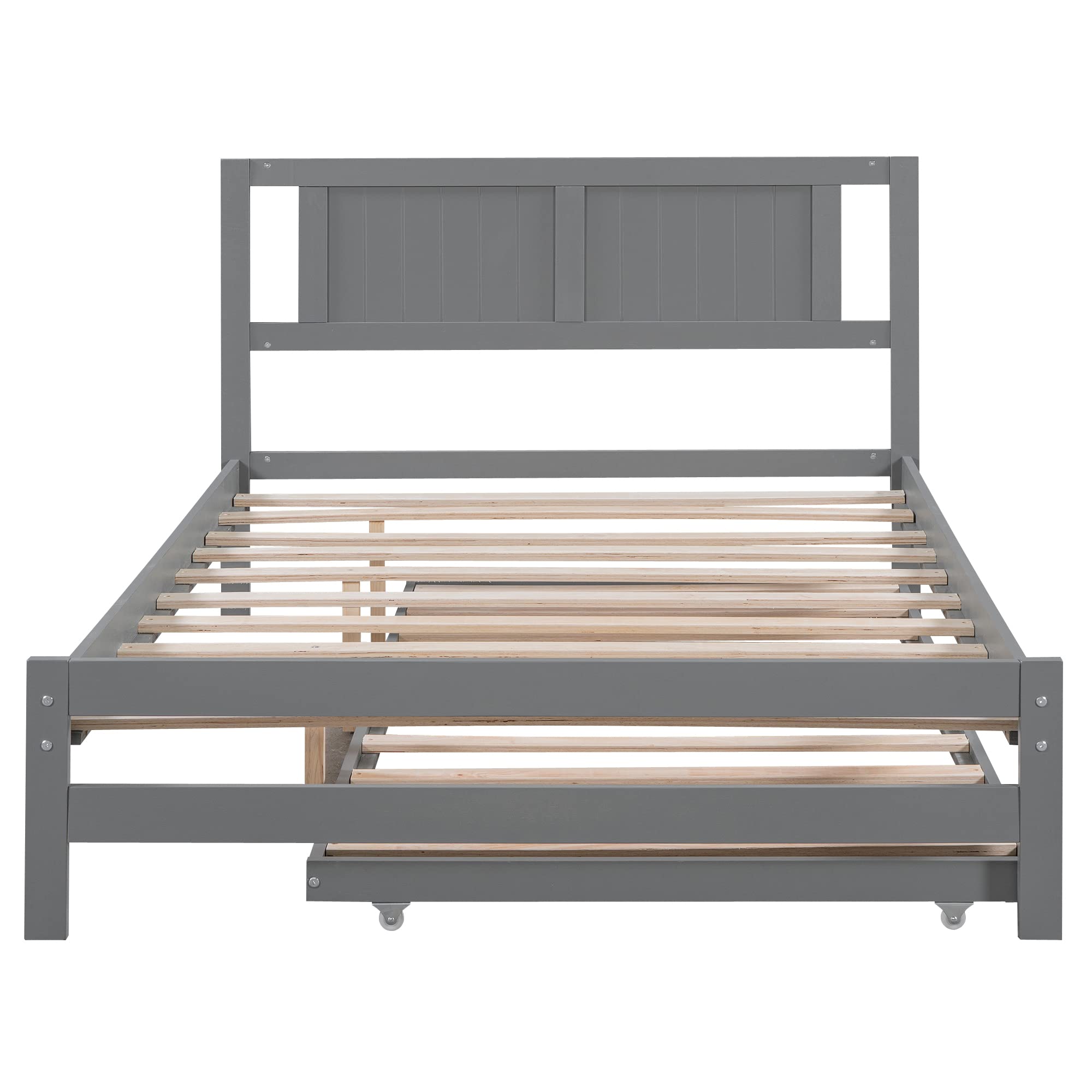 MERITLINE Full Size Bed Frame with Headboard,Wood Full Bed with Adjustable Trundle Bed, Extendable Bed Frame to 2 Beds for Kids Teens Adults (Full, Grey)