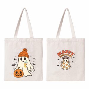 kazova halloween canvas tote bag aesthetic cute ghost tote bag funny cotton canvas tote bag halloween shoulder bag for women reusable grocery bag shopping beach bag