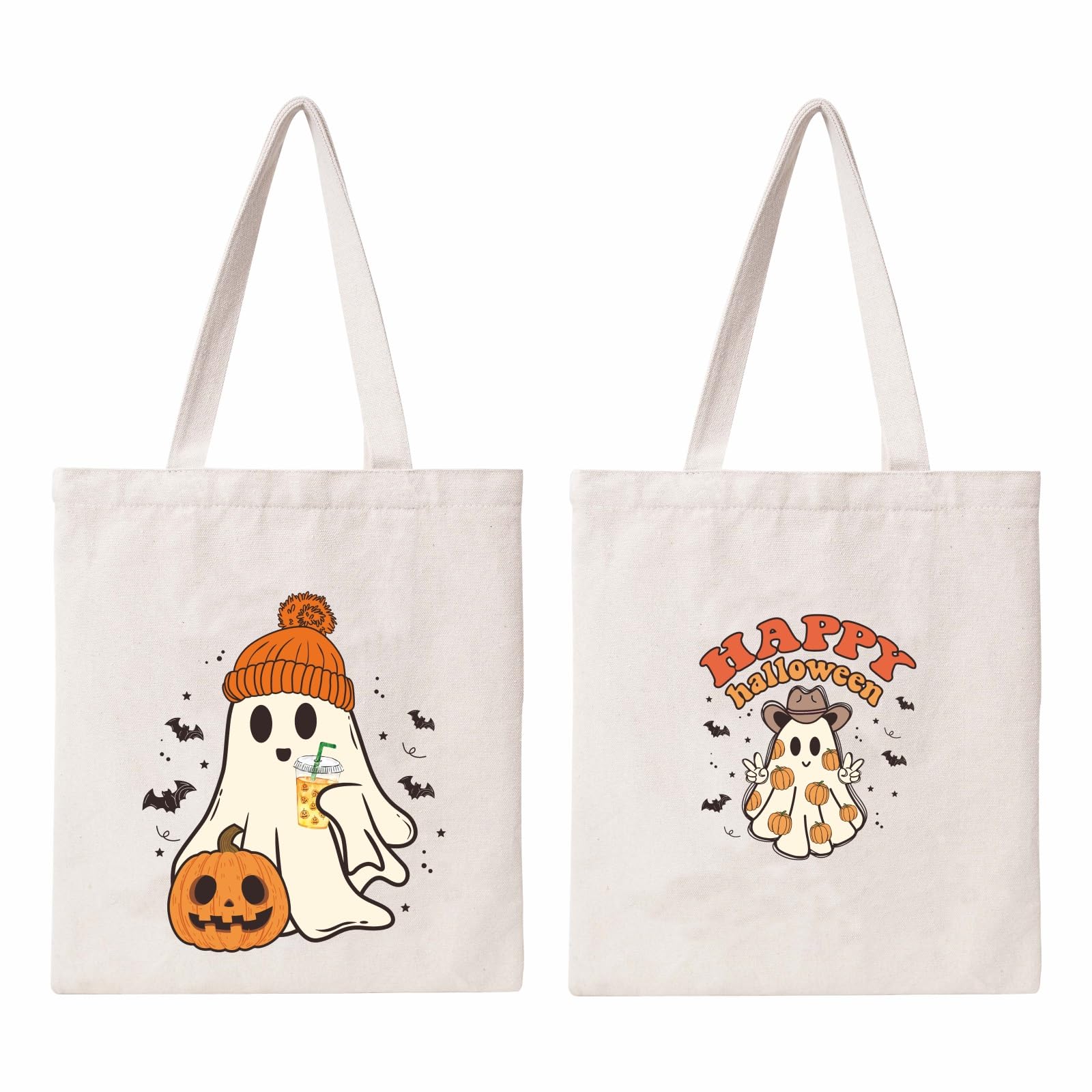 Kazova Halloween Canvas Tote Bag Aesthetic Cute Ghost Tote Bag Funny Cotton Canvas Tote Bag Halloween Shoulder Bag For Women Reusable Grocery Bag Shopping Beach Bag