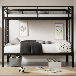 PVWIIK Twin Over Twin Metal Bunk Bed for Kids Boys Girls,Metal Structure Bedframe with Ladders & Guardrail,Convertible 2 Beds,No Spring Box Required,Black