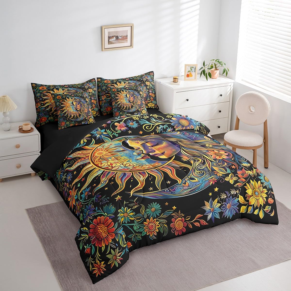 jejeloiu Sun Moon Queen Comforter Set with Sheets Boho Exotic 7 Pieces Bedding Set for Kids Boys Girls Teens Room Decor Floral Print Bohemian Bed in a Bag Queen Size Galaxy Bed Set