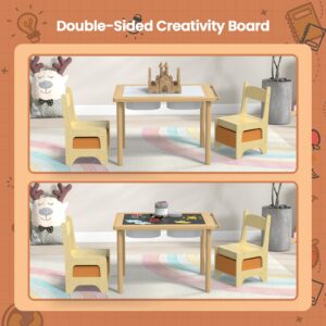 CMFYDAILY Pine Wood Toddler Table and Chair Set, Sensory Kids Table with Stroage & Graffiti Desktop Activity Table for Eat, Craft, Read, Draw, Art, Puzzle, Play