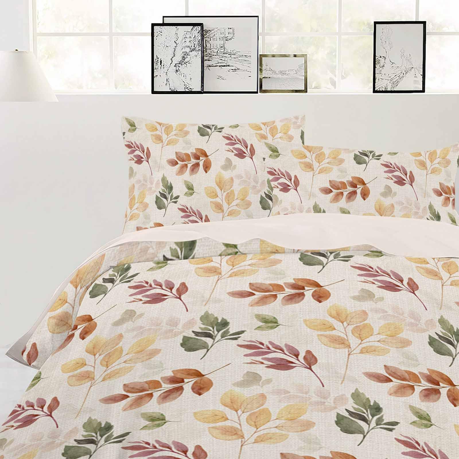 Lsrtoss Orange Green Yellow Botanical Full Duvet Cover Set for All Season, Fall Maple Leaf Rustic Microfiber 3 Piece Bedding Set with 2 Pillowcases & 1 Quilt Cover, 86" W x 86" L, Full Size