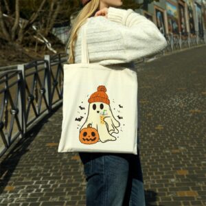 Kazova Halloween Canvas Tote Bag Aesthetic Cute Ghost Tote Bag Funny Cotton Canvas Tote Bag Halloween Shoulder Bag For Women Reusable Grocery Bag Shopping Beach Bag