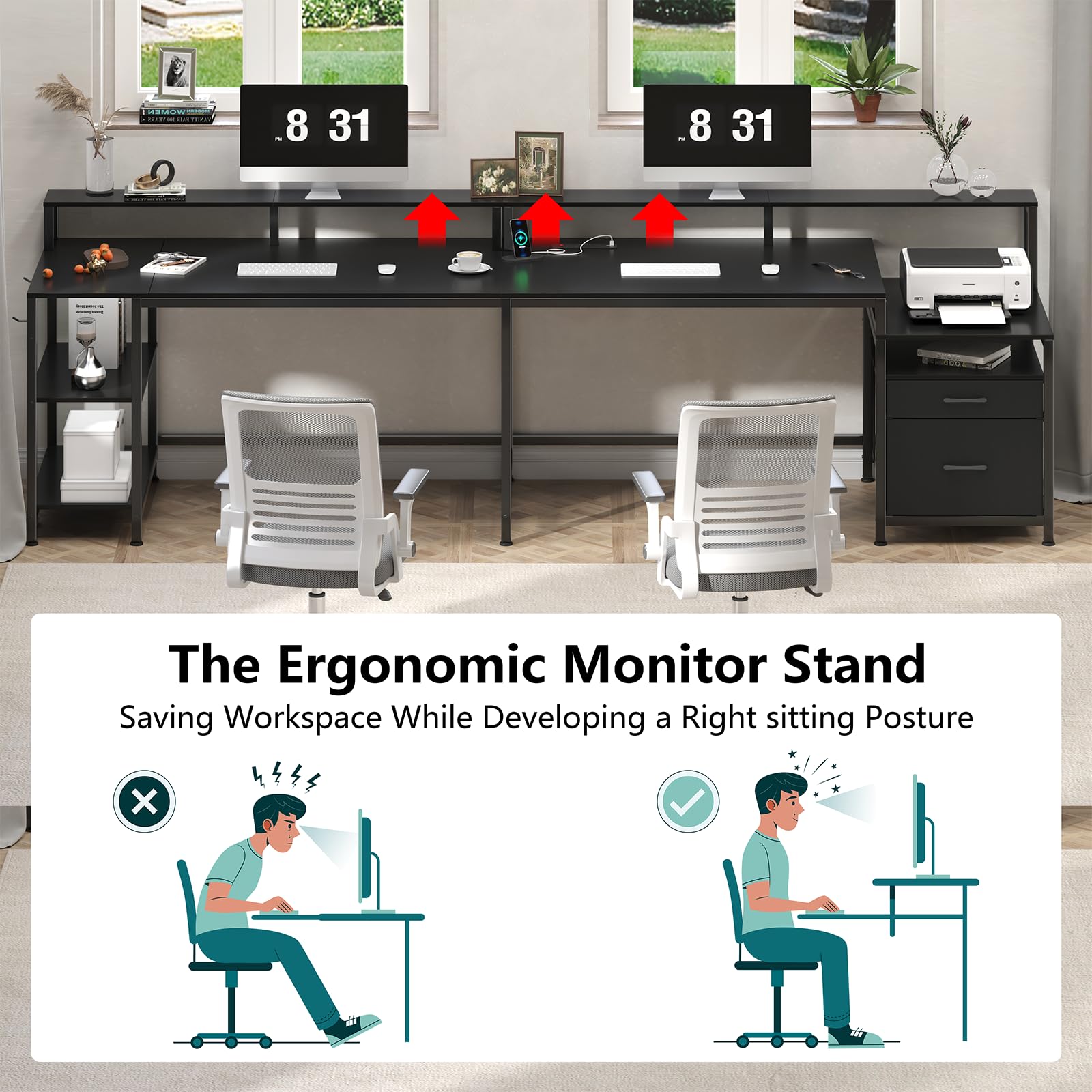 YOMILUVE L Shaped Desk with File Drawer and Storage Shelves, Reversible Computer Desk with Power Outlet for Home Office, Corner Gaming Desk with Full Monitor Stand