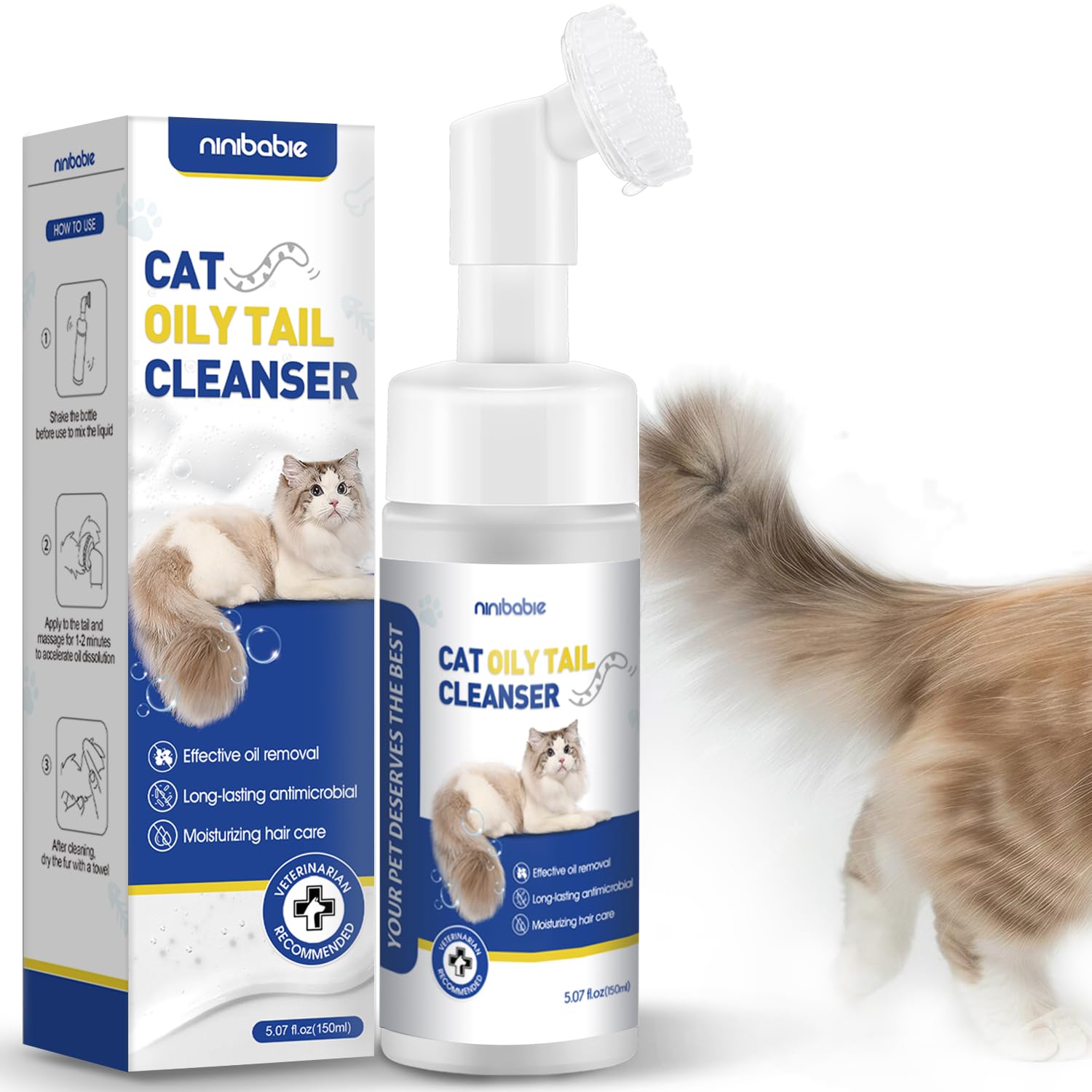 Ninibabie Cat Oily Tail Cleanser, 2-in-1 Wash and Brush,Removes Oil & Grease and Dandruff, PH Balanced,Degrease Cat Shampoo,Ideal for Cats with Oily Tails 5.07fl.oz