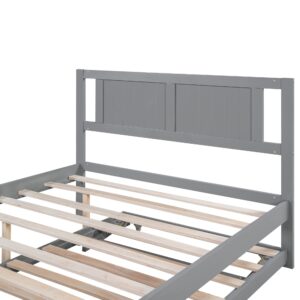 MERITLINE Full Size Bed Frame with Headboard,Wood Full Bed with Adjustable Trundle Bed, Extendable Bed Frame to 2 Beds for Kids Teens Adults (Full, Grey)