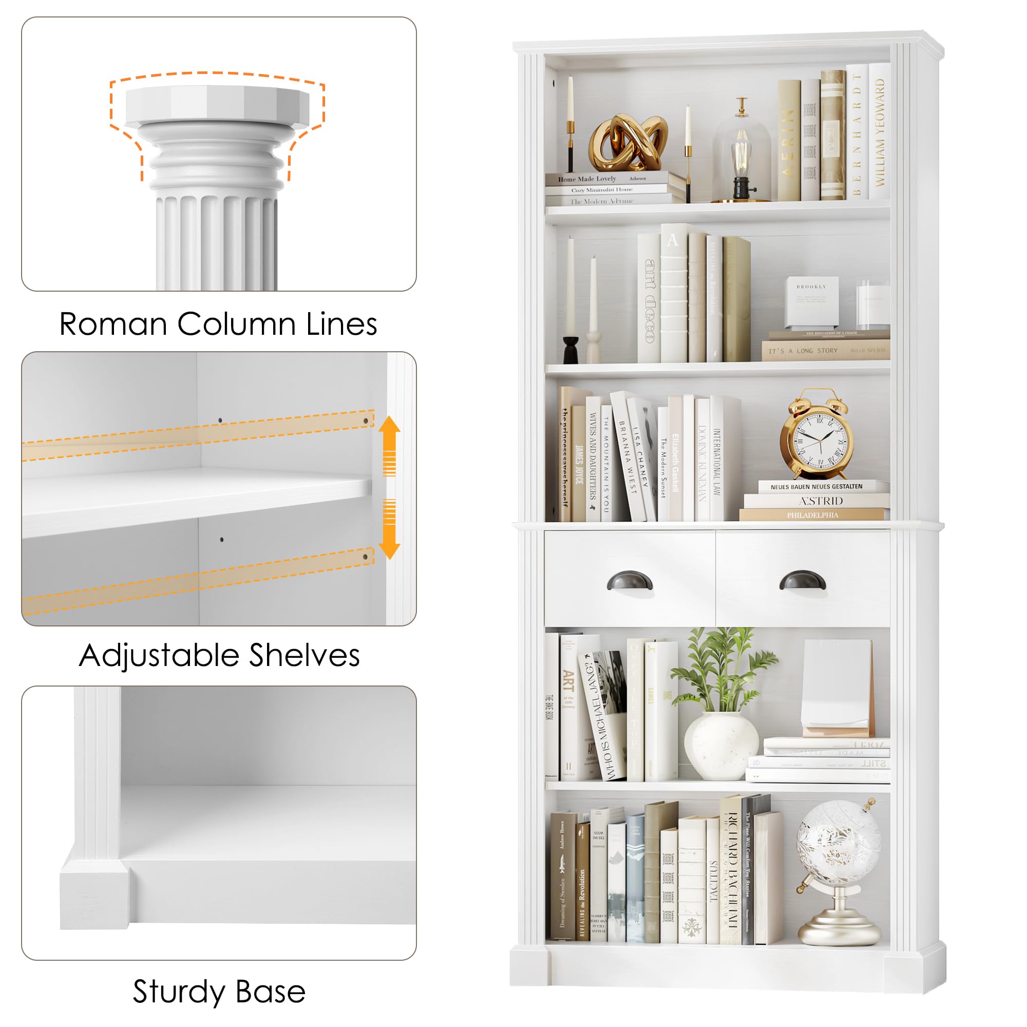 FACBOTALL 5-Tier Bookcase, Book Shelf with 2 Drawers, Tall Bookcase with Shelves, Vintage Display Storage Shelves, Bookshelves for Bedroom, Living Room and Home Office White