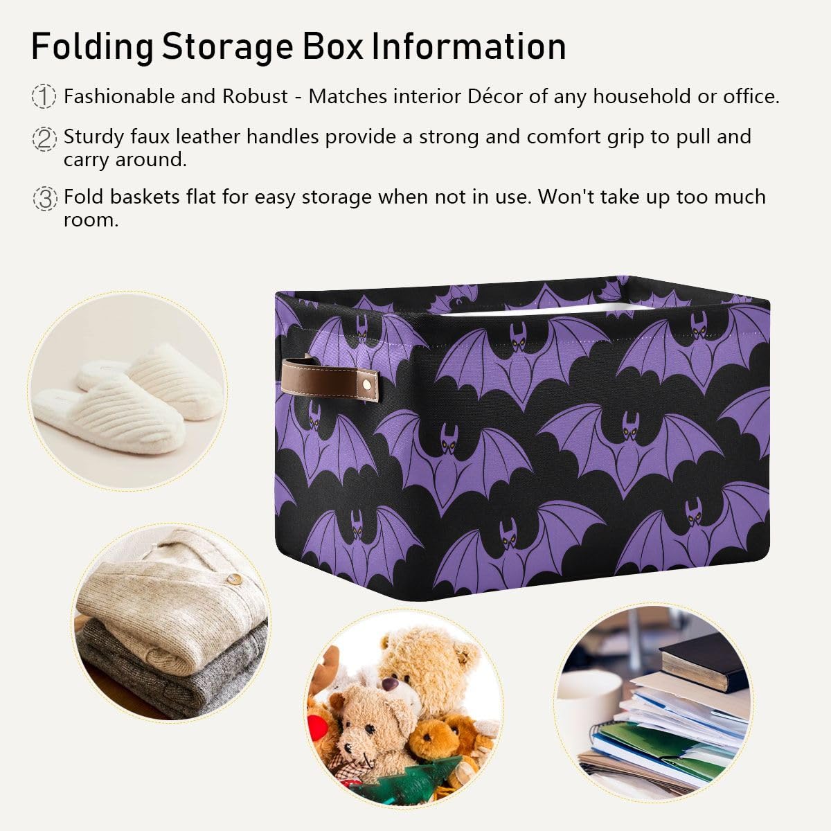 Storage Basket Halloween Purple Bat Canvas Collapsible Box Organizer Bin with Handles