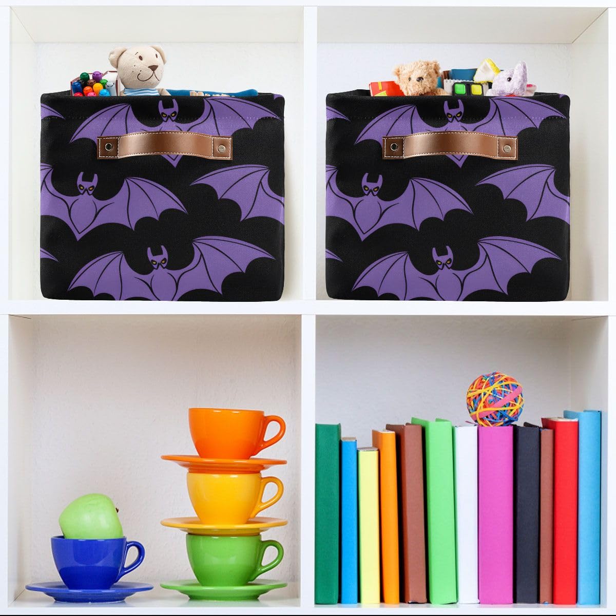 Storage Basket Halloween Purple Bat Canvas Collapsible Box Organizer Bin with Handles