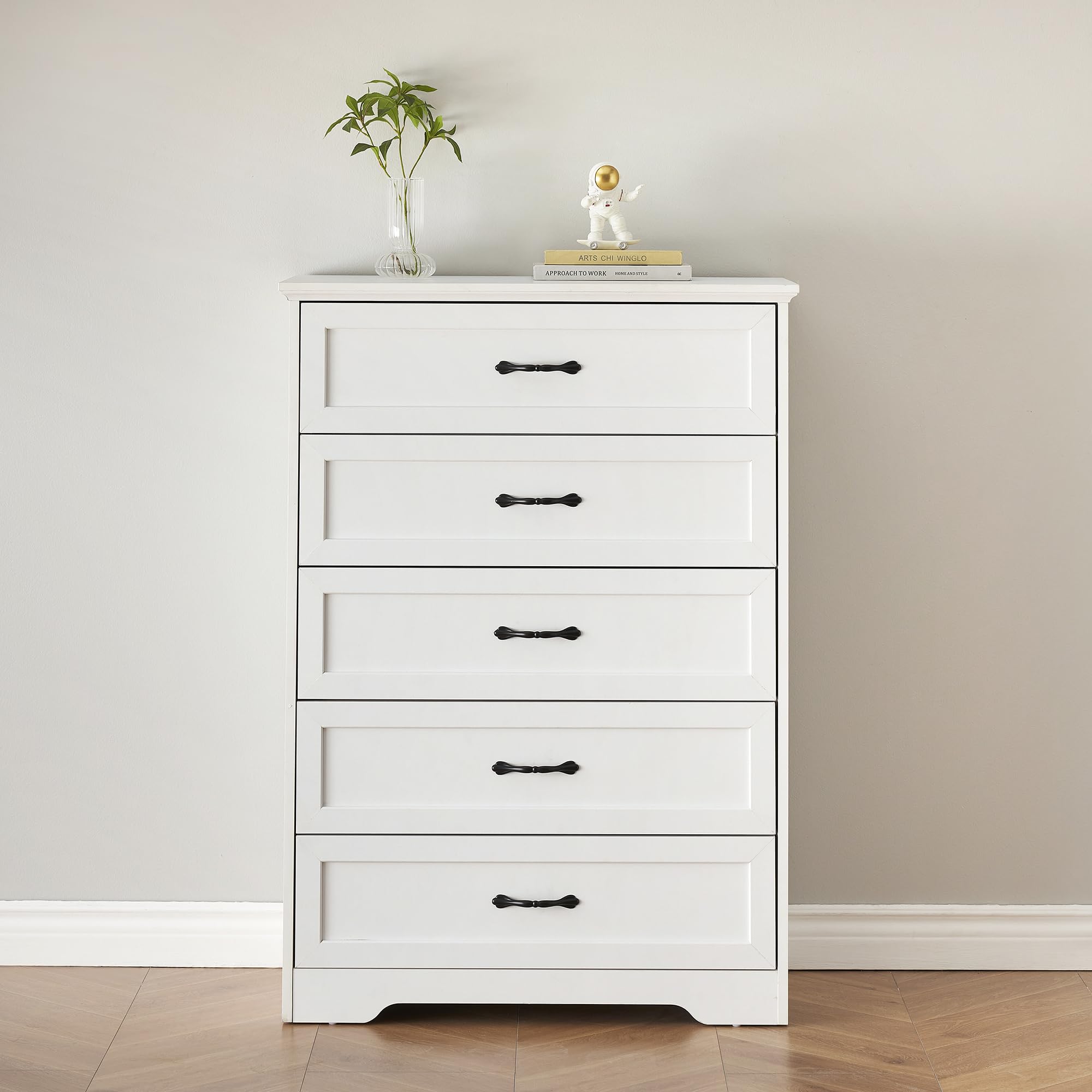 coucheta 5 Drawers Dresser, Chest of Drawer with Metal Handle, Modern Dresser with Large Storage Space, Farmhouse Wood Dresser for Bedroom, Living Room, Hallway, White