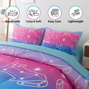 Podol 5 Pieces Gradient Cat Glitter Bedding Set for Girl Pink Blue Ombre Comforter Set Full Size Ultra Soft Bed in A Bag with 1 Comforter, 2 Pillowcases, 1 Flat Sheet, 1 Fitted Sheet