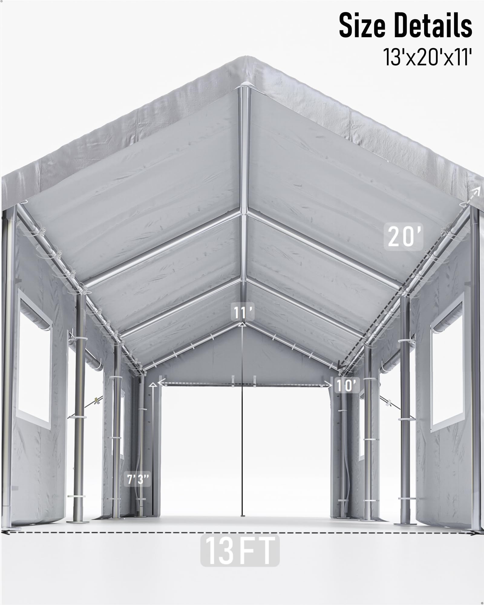 VORTEXTOVE Carport 13 x 20 ft, Portable Garage with 4 Roll-up Windows and 4 Doors for All Season, Reinforced Frames, for Sedans and Trucks, Gray