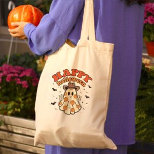 Kazova Halloween Canvas Tote Bag Aesthetic Cute Ghost Tote Bag Funny Cotton Canvas Tote Bag Halloween Shoulder Bag For Women Reusable Grocery Bag Shopping Beach Bag