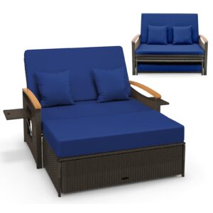 moccha outdoor wicker daybed, patio rattan loveseat sofa w/ 4-level adjustable backrest, folding panels, storage ottoman & cushions, lounge furniture set for poolside backyard porch (navy)