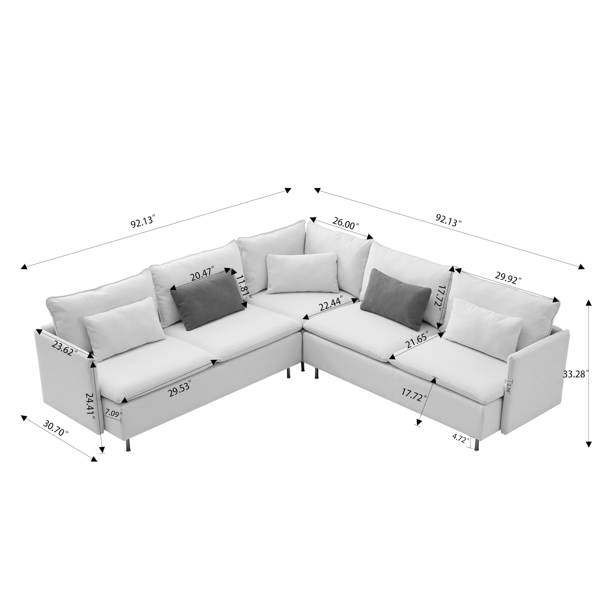 L Shaped Sectional Sofa Couch 5 Seater Living Room Corner Sofa Set , Modern Modular Sectional Sofa Couch ,Comfy Upholstered Sofa Couch ,Teddy Fabric with Deep Seater,Gold Leg,5Pillows Include (Grey)