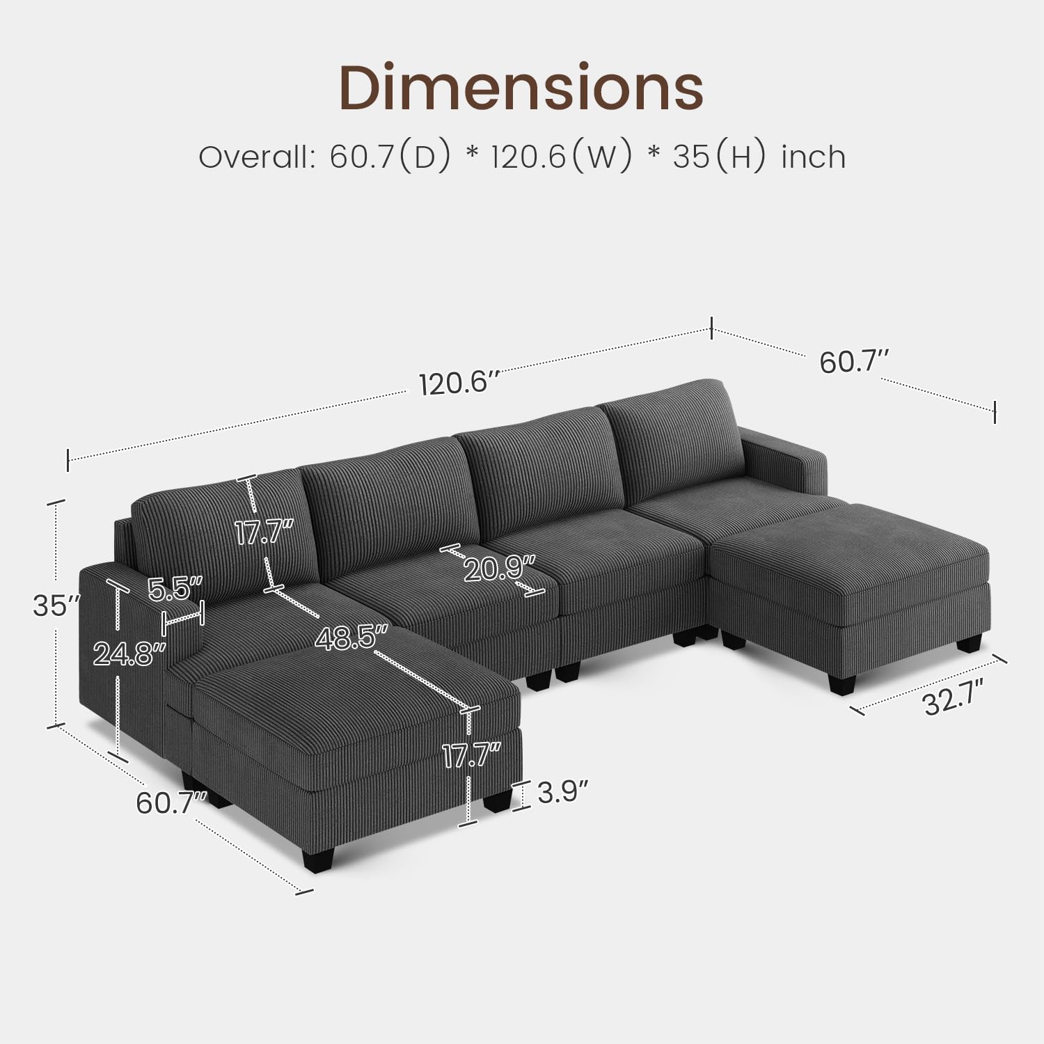 Nolany Corduroy Sectional Couch with Storage Ottoman, U Shape Sectional Sofa with Storage Chaise, Modular Sectional Couches for Living Room, Dark Grey