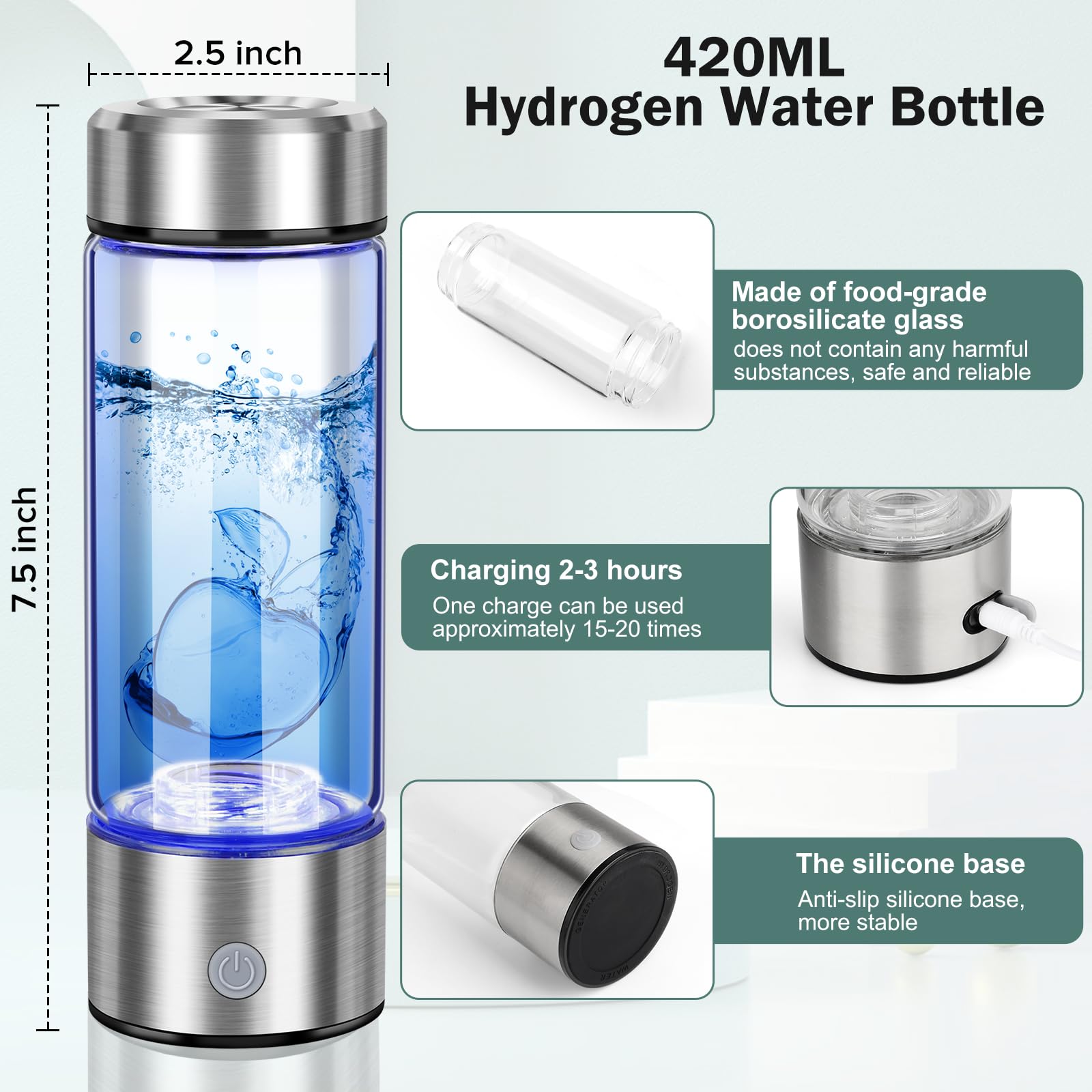 Hydrogen Water Bottle, 2024 Portable Hydrogen Water Generator with Advanced SPE PEM Technology, High-Efficiency Water Ionizer for Office, Travel, Fitness & Everyday Hydration, 420ml