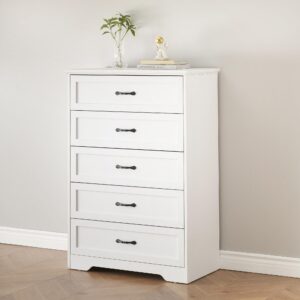 coucheta 5 drawers dresser, chest of drawer with metal handle, modern dresser with large storage space, farmhouse wood dresser for bedroom, living room, hallway, white