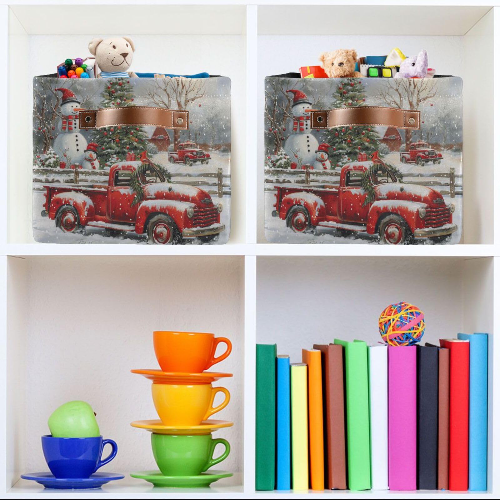 Christmas Red Truck Snowman Storage Basket Decorative Winter Xmas Tree Bell Fabric Basket Bins Foldable Shelf Closet Bin Storage Box Cube with Handle Organizer Basket for Kids Toys Clothes Bedroom