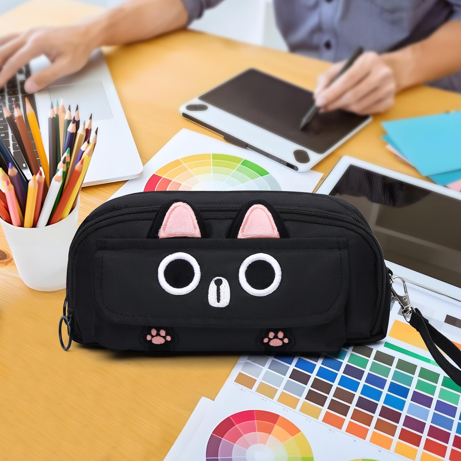 MELLIFLURORA Pencil Case, Large Capacity Pencil Pouch Aesthetic,3D Cat Pen Bags,Office Stationery Organizer,Cute Pencil Box for Teens Girls Boys Student (Black)