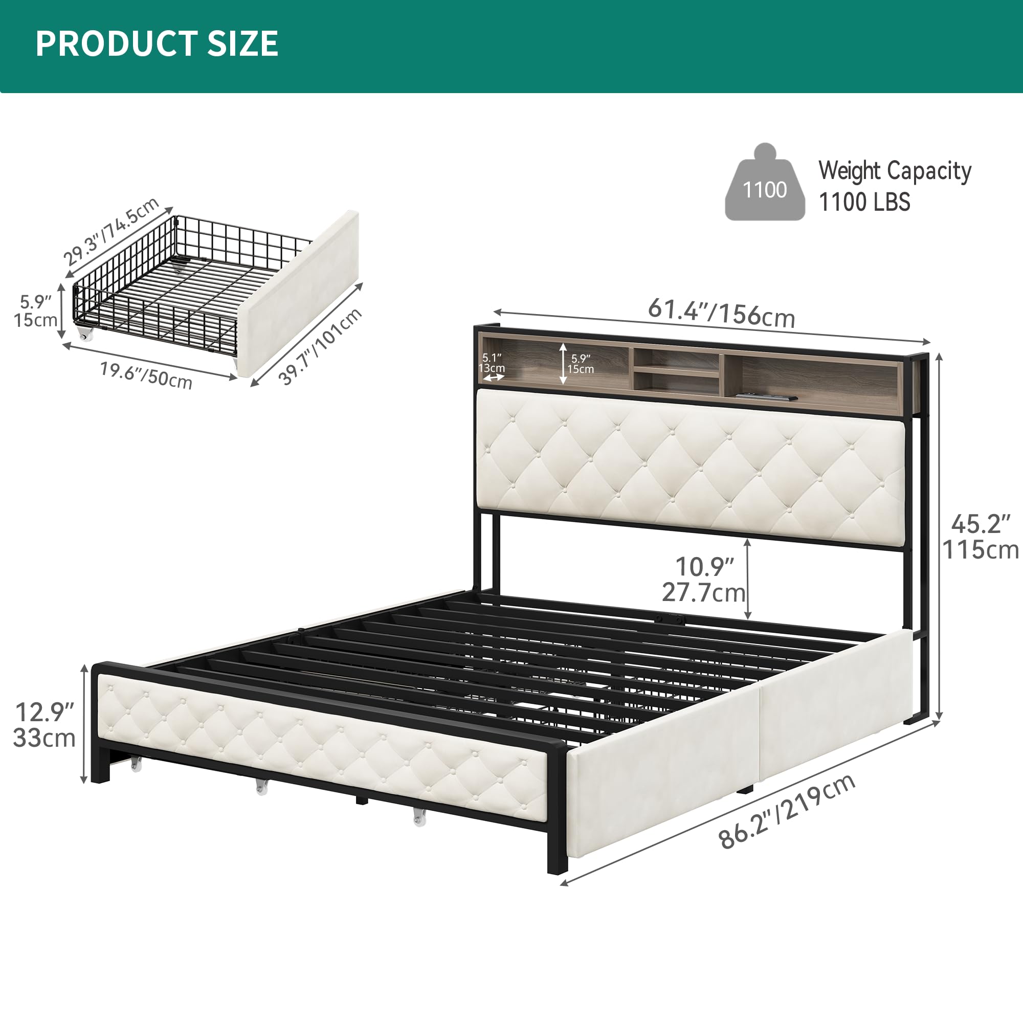 DWVO Queen Size Storage Bed Frame with 4-Drawer, Upholstered Platform Bed Frame with USB Charging Ports & Bookcase Headboard, Simple Setup, No Requirement for Box Spring (Beige)