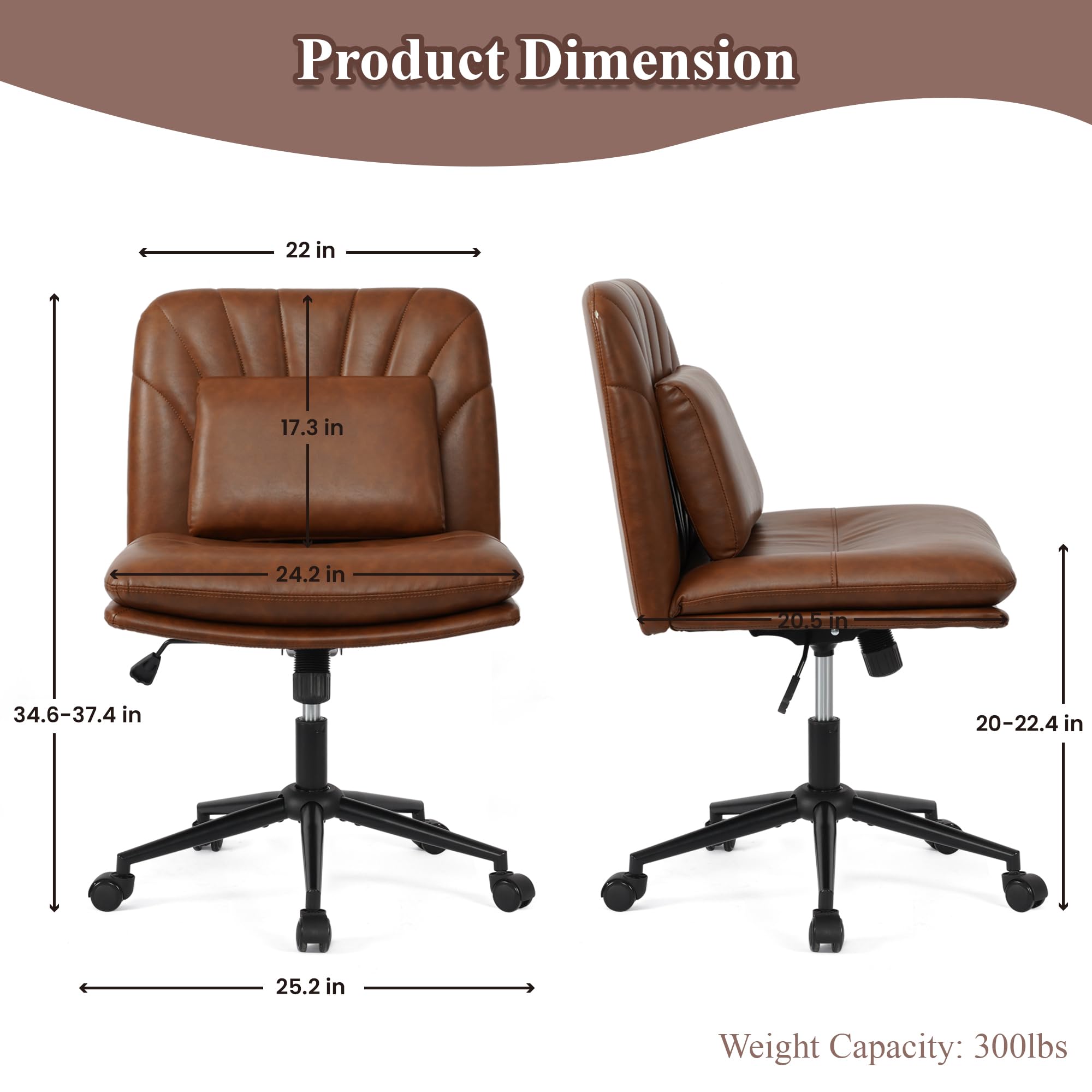 Polarisys Criss Cross Office Chair Armless Desk Chair with Wheels Pu Leather Cross Legged Office Chair, Wide Brown Desk Chairs Cross Legged Meditation Chair with Lumbar Cushion for Home & Office