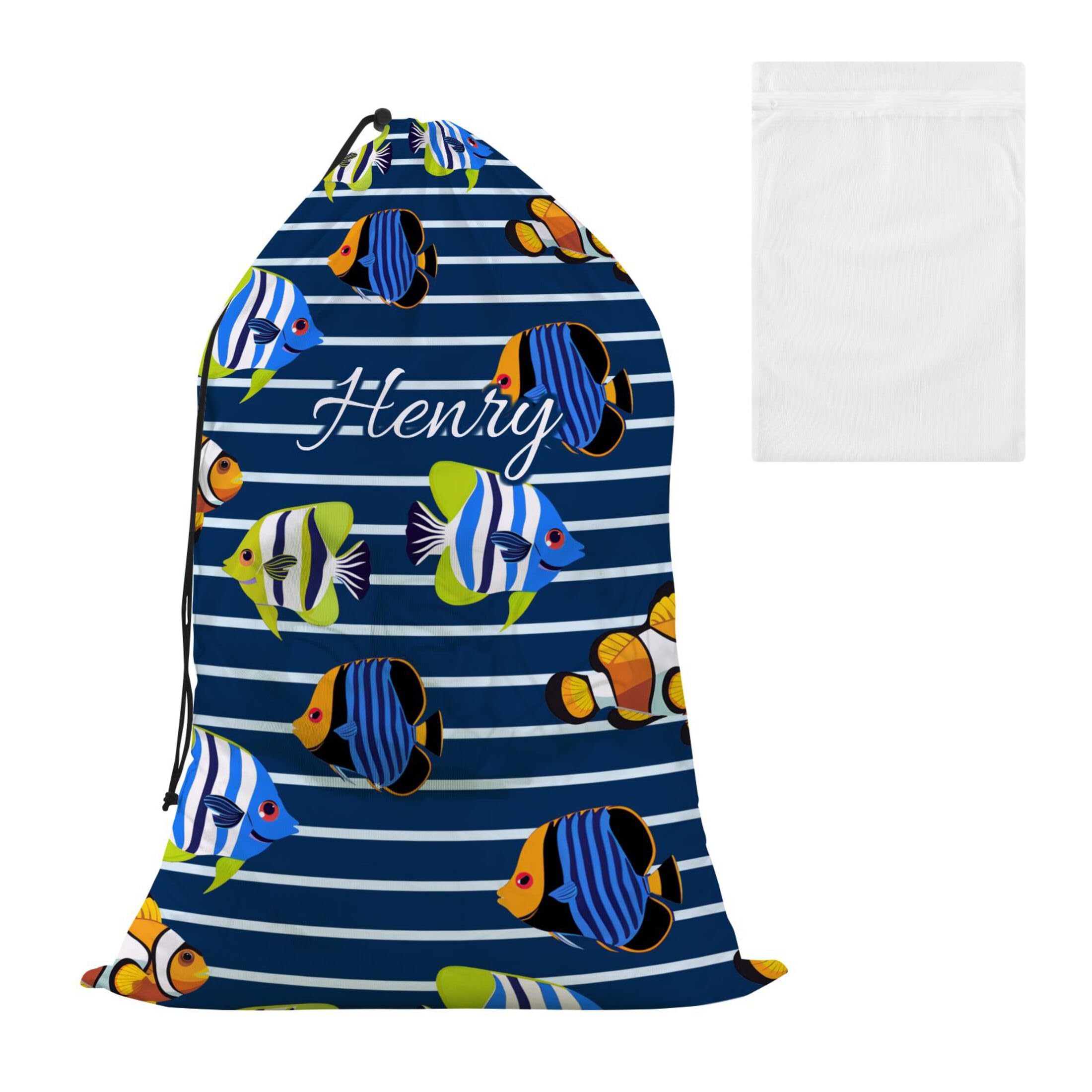 Fish Blue White Stripe Custom Name Laundry Bag with Drawstring Personalized Large Dirty Clothes Bag Organizer Fit Laundry Hamper Basket for Camp Traveling Home