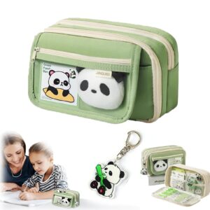 cute panda pencil case, aesthetic panda bag organizer with compartment, large capacity cute pencil case with stickers brooch keychain, pencil pouch stationery with zipper (green)