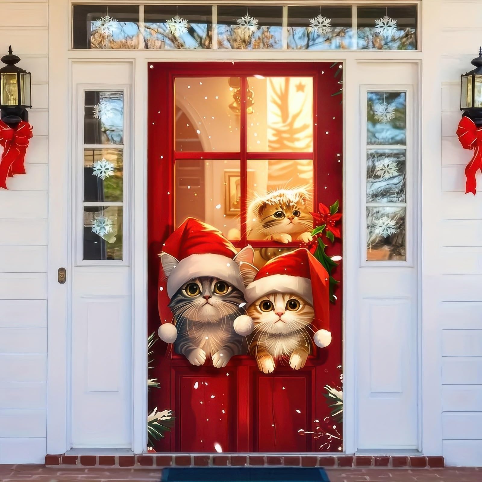 Merry Christmas Door Cover Cute Cat Printed Hanging Door Banner with White Rope Christmas Photo Booth Background Props for Winter Party Holiday Xmas Eve Porch House 71 x 35 Inches