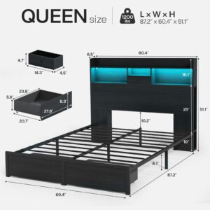 DOGIBIXO Queen Bed Frame with Tall Bookcase Headboard and LED Lights, 51.2" Metal Platform Bed Frames with Storage Drawers & Charging Station, No Box Spring Needed, Easy Assembly, Noise Free, Black