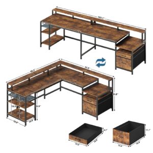 YOMILUVE 2 Person Desk with File Drawer and Storage Shelves, 103" Double Computer Desk with Power Outlet & 2 Fabric Drawers for Home Office, Reversible Computer Desk with Monitor Stand, Rustic Brown