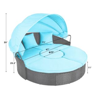 YITAHOME Outdoor Furniture Patio Round Daybed with Retractable Canopy, Soft Cushions, and Storable Side Table for Leisure in Porch Backyard, Turquoise