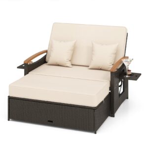 moccha outdoor wicker daybed, patio rattan loveseat sofa w/ 4-level adjustable backrest, folding panels, storage ottoman & cushions, lounge furniture set for poolside backyard porch (beige)