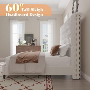 AMERLIFE Queen Size Bed Frame 60" Tall Sleigh Headboard Bed with Velvet Upholstered Platform, No Box Spring Needed, Cream