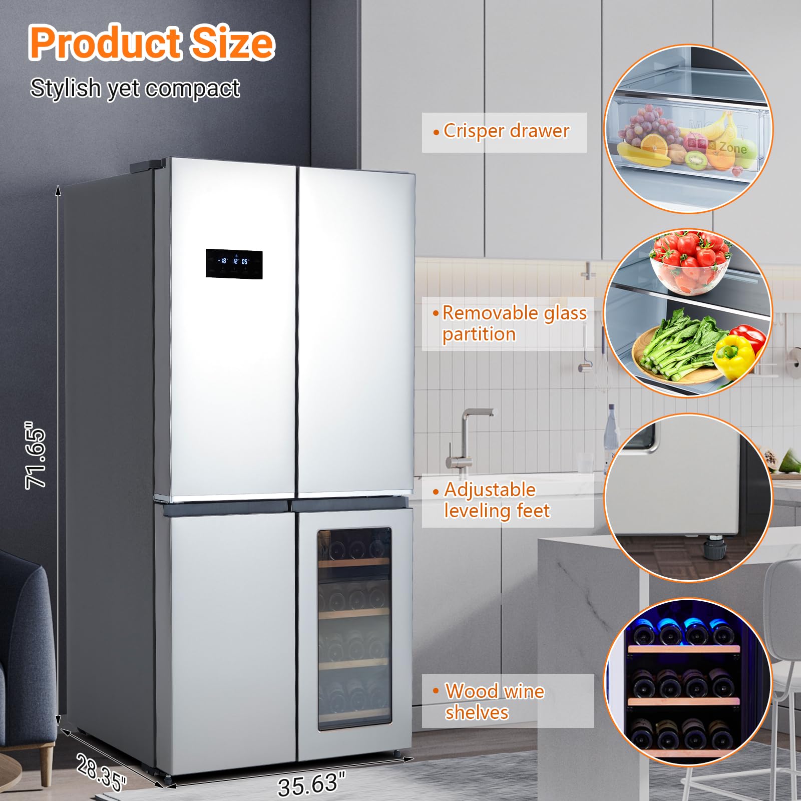 Takywep 4 Door French Door Refrigerator, 21 Cu.Ft Counter Depth Stainless Steel Refrigerators, Multifunctional Fridges with Freezer, Refresh, and Wine Cooler for Kitchen, Bedroom, Office, Dorm