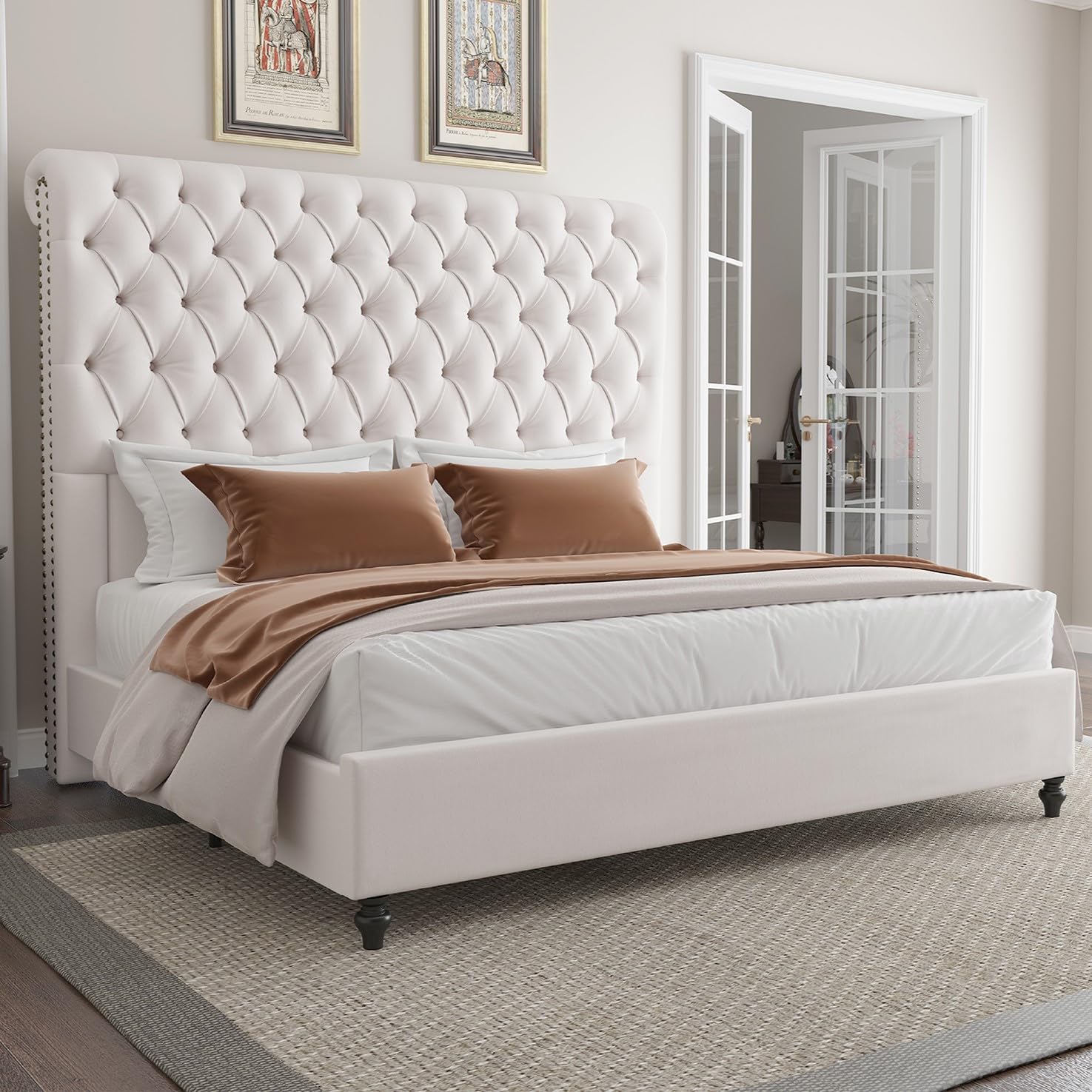 AMERLIFE Queen Size Bed Frame 60" Tall Sleigh Headboard Bed with Velvet Upholstered Platform, No Box Spring Needed, Cream