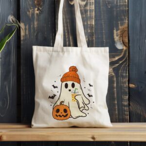 Kazova Halloween Canvas Tote Bag Aesthetic Cute Ghost Tote Bag Funny Cotton Canvas Tote Bag Halloween Shoulder Bag For Women Reusable Grocery Bag Shopping Beach Bag