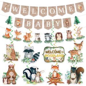 no-diy woodland baby shower decorations, woodland animals baby shower decorations banner swirls, woodland theme baby shower decorations for girls boys woodland creatures baby shower birthday party