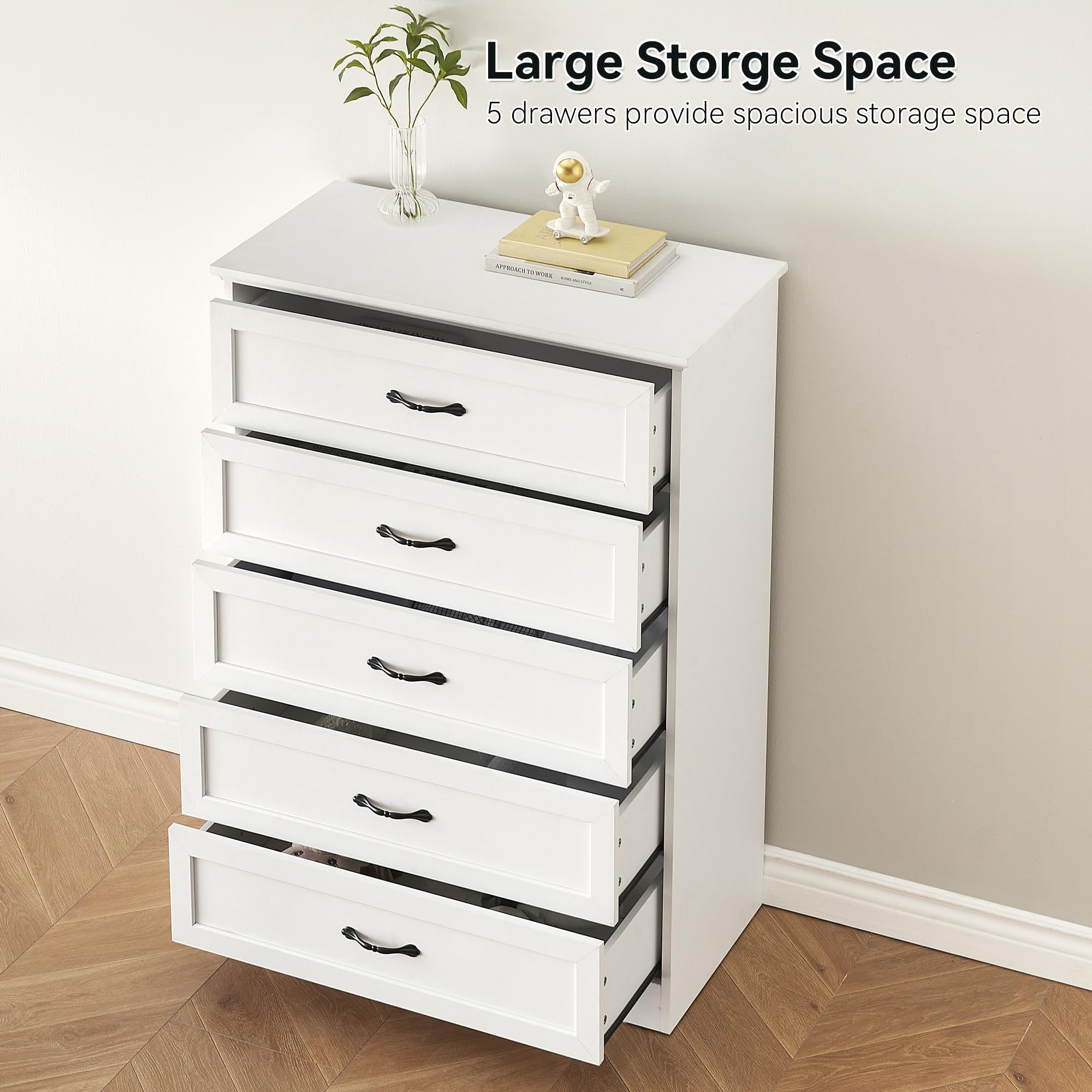 coucheta 5 Drawers Dresser, Chest of Drawer with Metal Handle, Modern Dresser with Large Storage Space, Farmhouse Wood Dresser for Bedroom, Living Room, Hallway, White