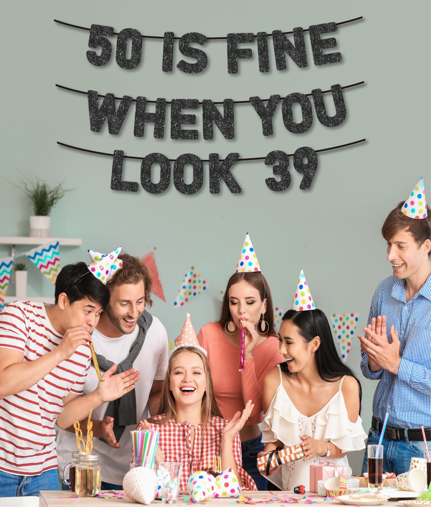 Pre-Strung 50 Is Fine When You Look 39 Banner for 50th Birthday Decorations , 50th Birthday Banner , 50th Party Decorations , Black Glitter