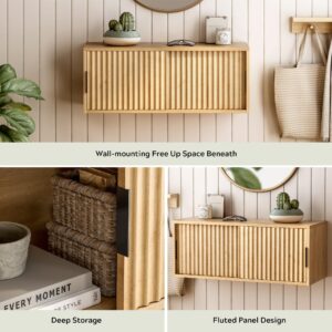 EYYTHUNG Fluted Wall Cabinet with Sliding Doors, Modern Large Floating Nightstand Storage Shelf Bedside Tables for Bedroom, Study Room Natural Oak