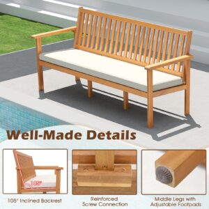 RELAX4LIFE 64’’ Outdoor Bench Acacia Wood - 3-Person Patio Bench w/Slatted Backrest, Armrests & Removable Seat Cushion, Wooden Front Porch Garden Bench for Poolside Balcony Backyard, 1200 LBS Capacity