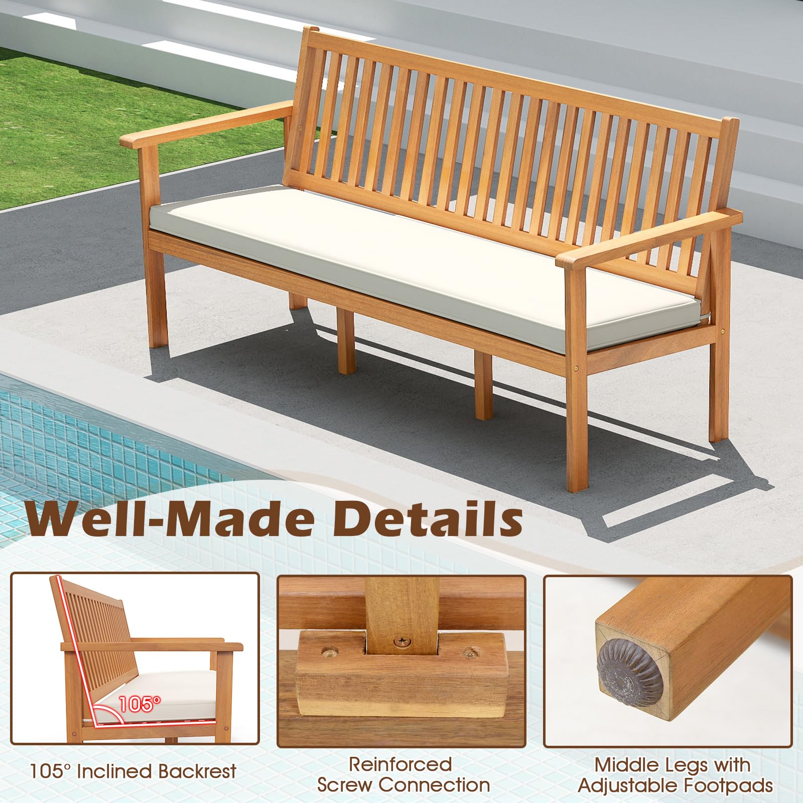 Tangkula Outdoor 3-Seat Wood Bench, 64 Inches Extra Long Acacia Chair w/Seat Cushion, Slatted Seat & Backrest, Patio 3-Person Bench Seat for Backyard, Porch, Balcony