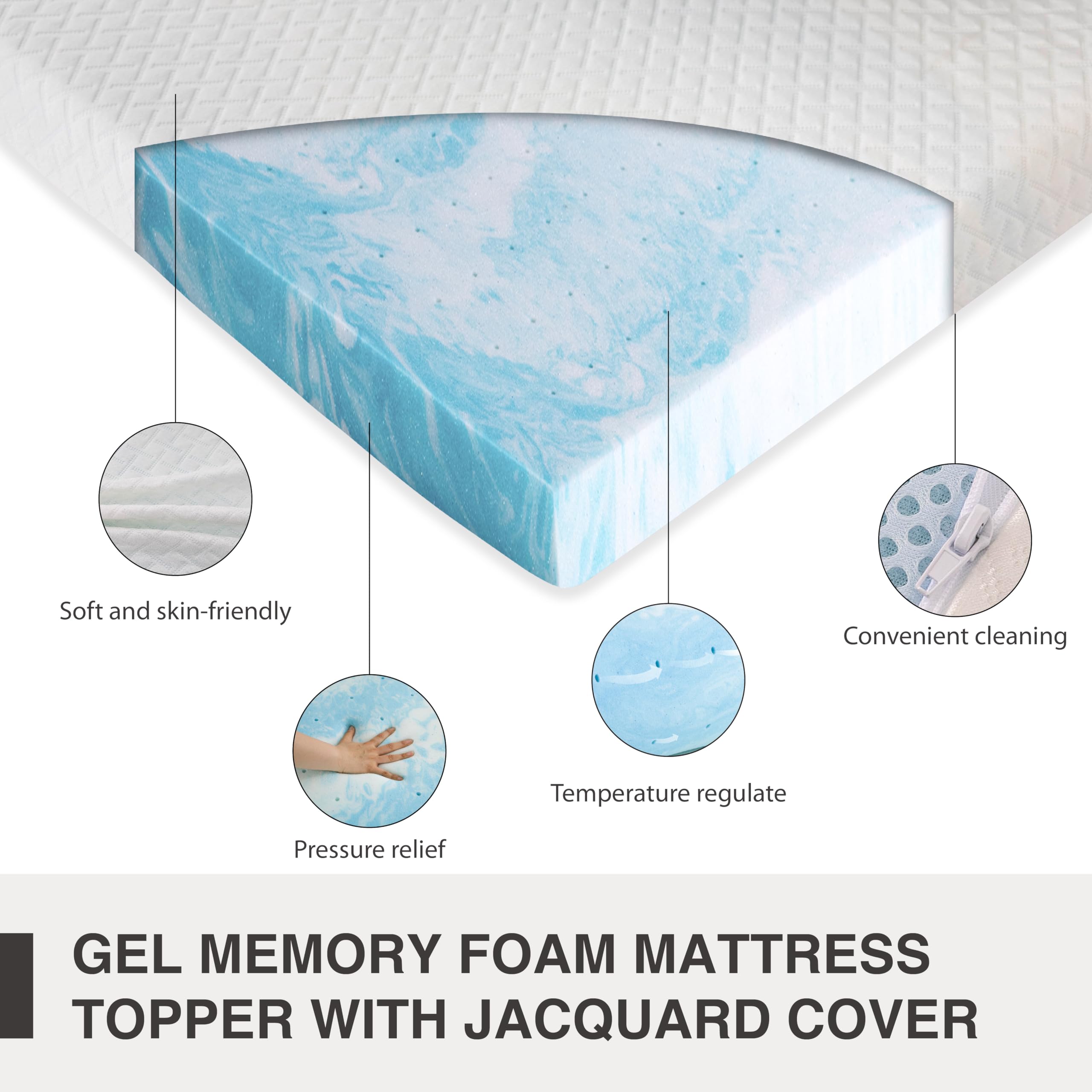 Dyonery 2 Inch Gel Memory Foam Full Mattress Topper with Removable Cover, CertiPUR-US Certified, Cooling Sleep, Pressure Relief, 54"×75"×2"