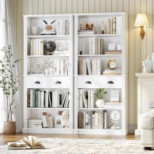 FACBOTALL 5-Tier Bookcase, Book Shelf with 2 Drawers, Tall Bookcase with Shelves, Vintage Display Storage Shelves, Bookshelves for Bedroom, Living Room and Home Office White