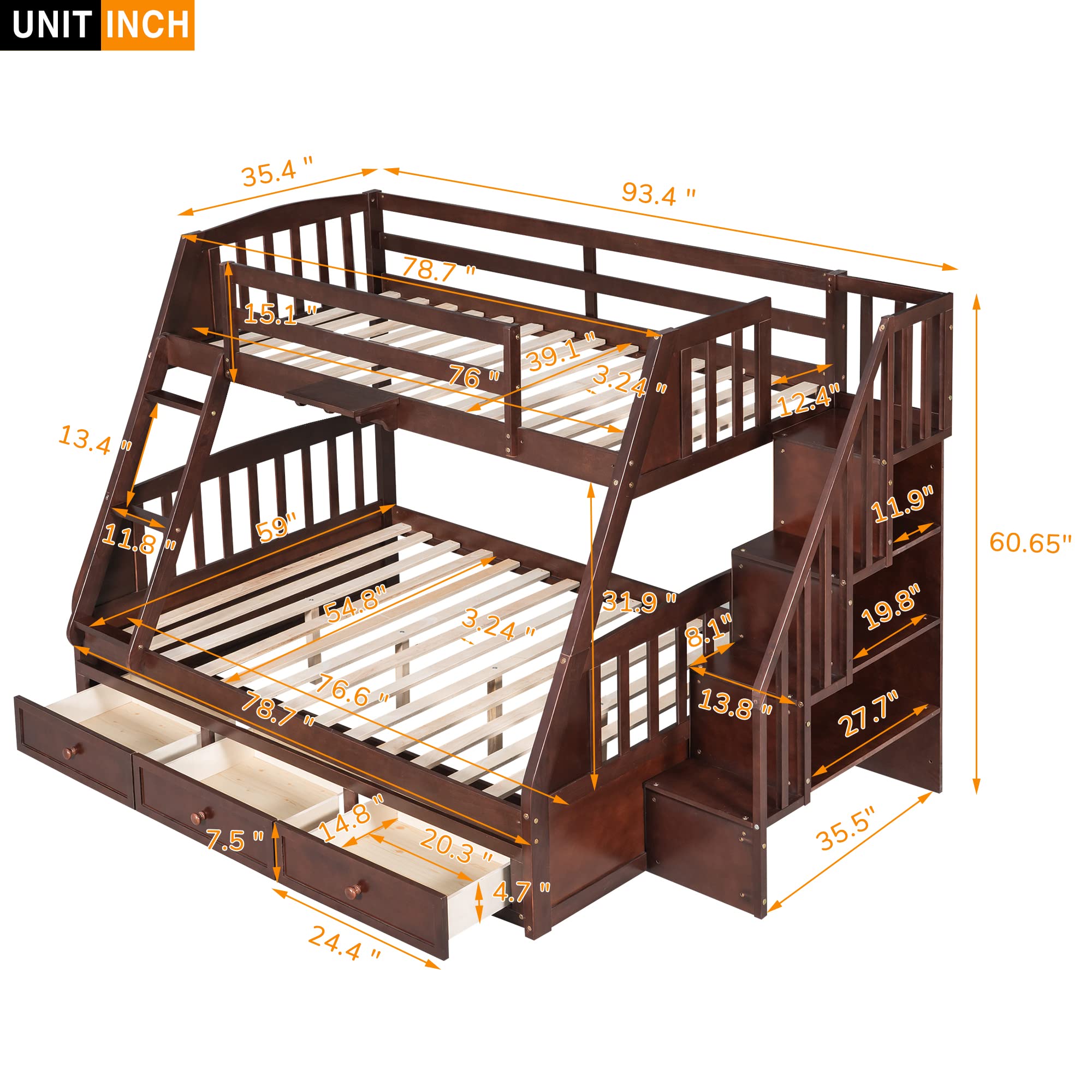 LostCat Twin Over Full Bunk Bed with Storage Drawers, Twin Over Full Size Bunk Beds with Stairs and Ladder for Kids, Teens and Adults, Easy Assembly, No Box Spring Needed, Espresso